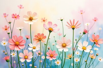 Blooming Cosmos Flowers with Soft Pastel Background, Springtime Floral Meadow                                                                         