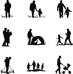 Family Men Silhouette Set | Father and Male Figures Vector Icons Man with Family Silhouette | Fatherhood Vector Illustration Pack