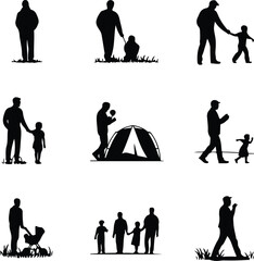 Family Men Silhouette Set | Father and Male Figures Vector Icons Man with Family Silhouette | Fatherhood Vector Illustration Pack
