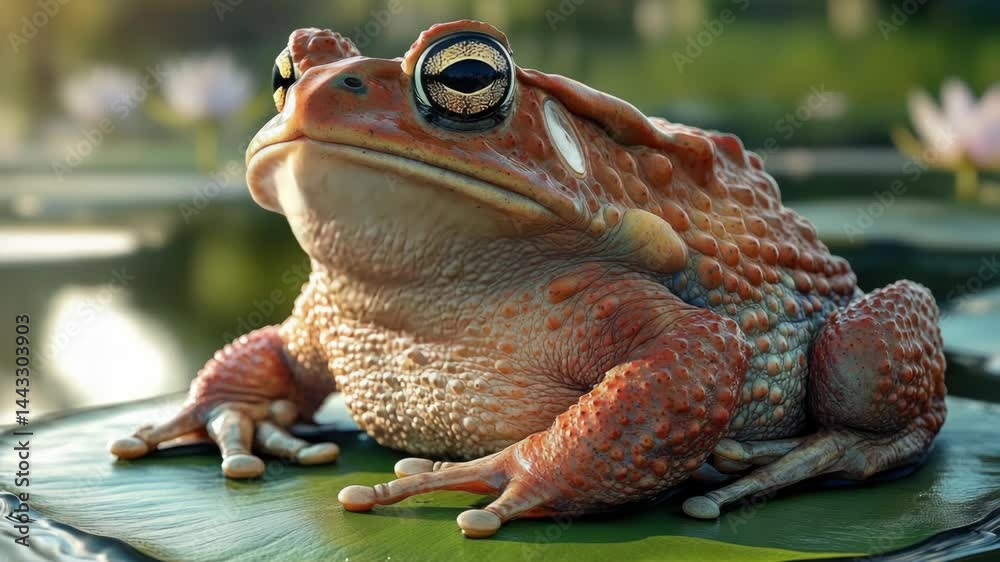 Poster a green frog perches on the edge of a leaf floating on a calm pond