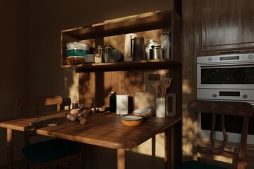 Kitchen utensils, dishes, baking ingredients on wooden kitchen table illuminated by warm sunlight