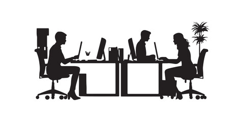 Office Productivity Silhouette: A striking silhouette captures the focused atmosphere of an office environment, with individuals engrossed in their work, utilizing computers.