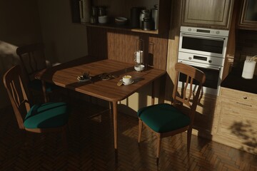Minimalist kitchen with Christmas gingerbread, cups of coffee and cozy morning light
