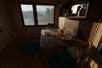 A set table with a plate of borscht and bread, a cozy home interior with soft lighting.