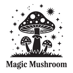 Magic mushroom with moon and stars set. Vector silhouette, black line contour drawing celestial fungus collection. Vector Black silhouettes. with white background