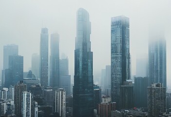 Obraz premium a dense, hazy cityscape of modern skyscrapers piercing through a muted, gray atmosphere.