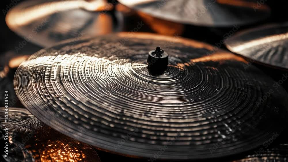 Aufkleber a close-up view of a bunch of cymbals arranged on a table
