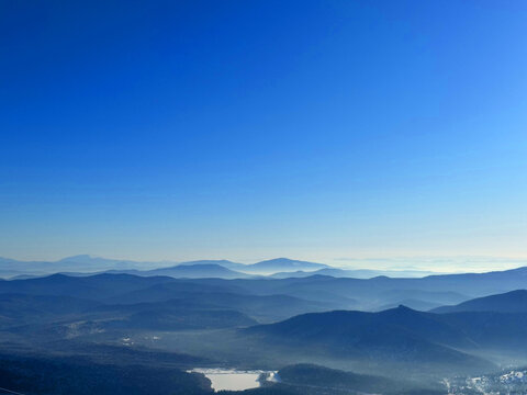Serene sheregesh mountain landscape in misty morning light