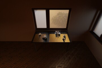 A dark wood table with cups of tea and a kettle, illuminated by soft morning light through the blinds.