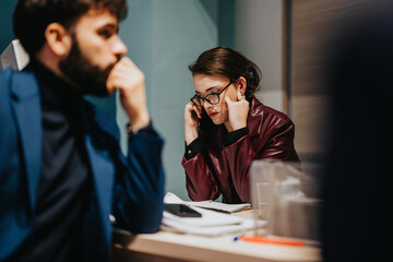 A group of focused business professionals deliberating and discussing strategies together in an office setting, emphasizing collaboration and critical thinking for professional success.