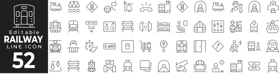 Railway Thin Line Icon Set. Train, Tracks, Station, Travel, and More. Vector Illustration.