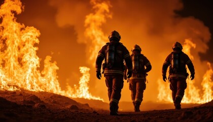 Firefighters walk towards a massive blaze, showcasing bravery in the face of danger and the critical role of emergency responders in firefighting.