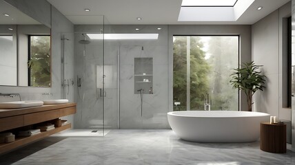 Modern bathroom featuring a freestanding tub shower and wooden vanity with natural light streaming in