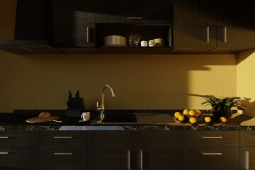 Fresh oranges and a bun on the kitchen countertop early in the morning in the warm rays of the sun.