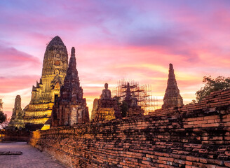 Wat Chaiwatthanaram, one of the part of UNESCO World Heritage place in Ayudhaya, Thailand, stupa, pagoda, ancient buildings under twilight evening sky