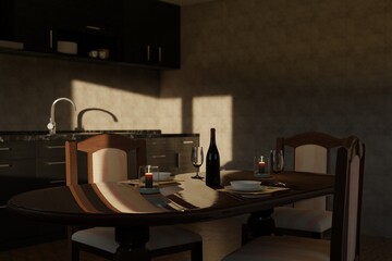 Cozy modern kitchen with a wooden table, wine bottle, glasses, two candles, and soft evening light casting shadows on the wall
