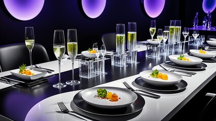 A long table set for a fancy meal with plates of food and glasses of champagne in a dark room