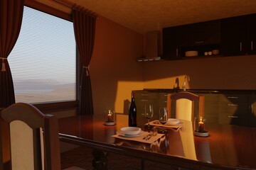 Bottle of wine with glasses, candles on a wooden table in a cozy kitchen, filled with warm evening light
