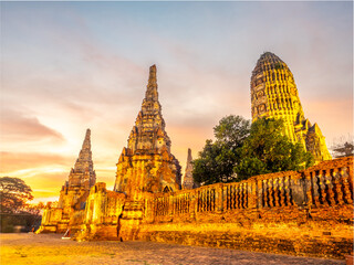 Wat Chaiwatthanaram, one of the part of UNESCO World Heritage place in Ayudhaya, Thailand, stupa, pagoda, ancient buildings under twilight evening sky