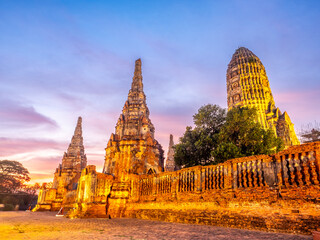 Wat Chaiwatthanaram, one of the part of UNESCO World Heritage place in Ayudhaya, Thailand, stupa, pagoda, ancient buildings under twilight evening sky