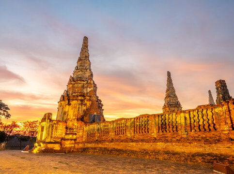 Wat Chaiwatthanaram, one of the part of UNESCO World Heritage place in Ayudhaya, Thailand, stupa, pagoda, ancient buildings under twilight evening sky