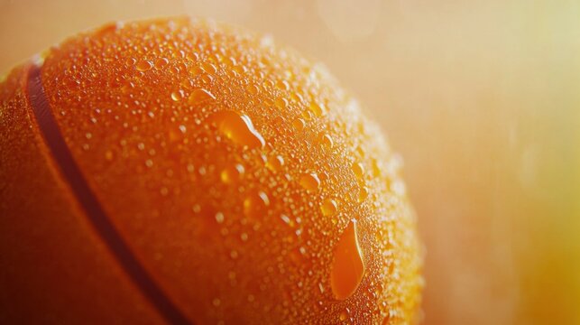 Close-up of a water-drenched basketball, showcasing vibrant colors and droplets, symbolizing energy and passion for the game.