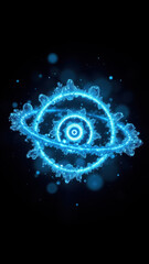 Atomic fusion reaction with vibrant blue light bursts.