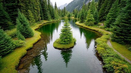 Tranquil Green Forest River with Island and Tree Reflection
