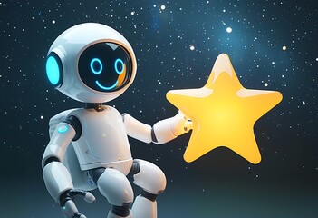 a cheerful white robot with glowing blue eyes holds a bright yellow star against a dark, sparkling cosmic background.