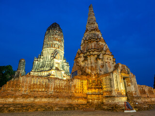 Wat Chaiwatthanaram, one of the part of UNESCO World Heritage place in Ayudhaya, Thailand, stupa, pagoda, ancient buildings under twilight evening sky