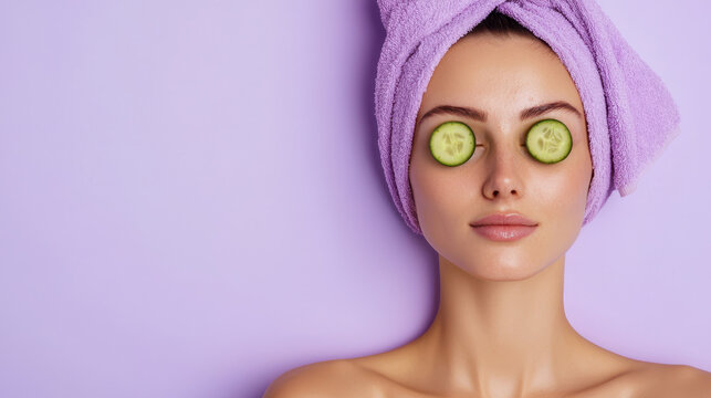 serene spa moment featuring woman with towel on her head and cucumber slices on her eyes, promoting relaxation and self care