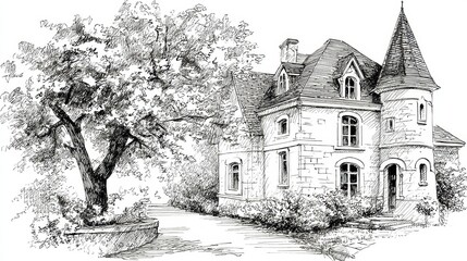 Tranquil Stone Manor House Sketch Black And White Countryside Illustration