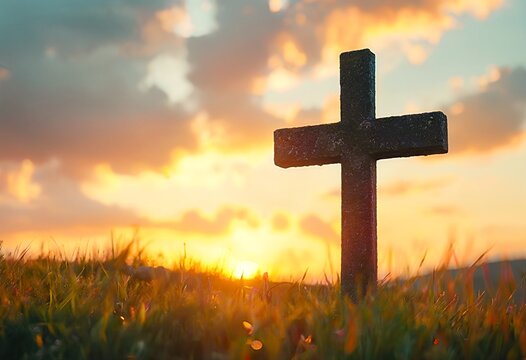 a weathered stone cross stands silhouetted against a vibrant sunset over a field of tall grass.