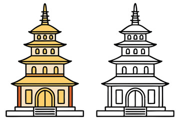 Illustrated pagoda structure displays vibrant color and simple line work for clarity, transparent background