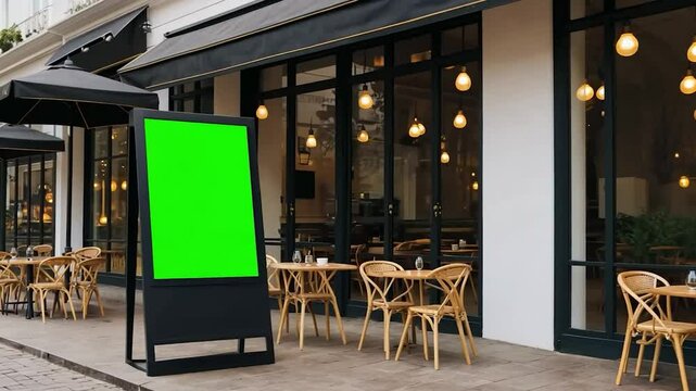 Restaurant exterior with green screen sign and outdoor seating arrangement