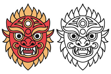 Red demonic face with fangs and sunlike crown is illustrated next to its outline version