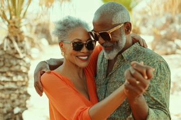 Mature couple enjoying their vacation with an intimate and joyful dance in a scenic location