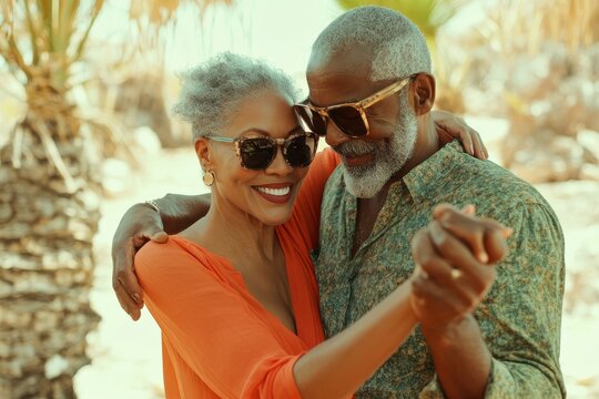 Mature couple enjoying their vacation with an intimate and joyful dance in a scenic location