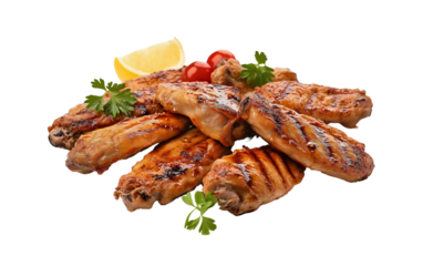 grilled chicken wings on transparent background, cutout, PNG format.