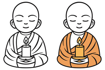 Two monk versions peacefully hold a candle in monochrome and color robes