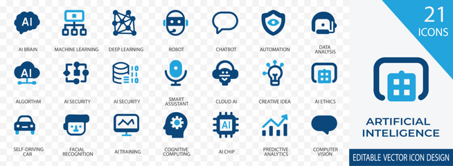 A modern and versatile vector icon set focusing on artificial intelligence technologies. Includes icons for machine learning, neural networks, AI robots, automation, deep learning and smart systems. 