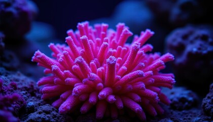 Fototapeta premium A vibrant coral with a striking pink hue, showcasing intricate textures and structures, thriving in a dark underwater environment.