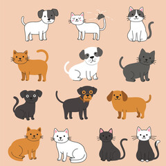 Fototapeta premium Cute pets collection. Vector flat cats and dogs set. Cartoon pets bundle
