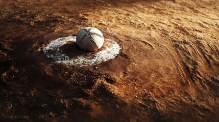 Obraz premium A close-up of a baseball resting on a dirt pitching mound, illuminated by warm sunlight.
