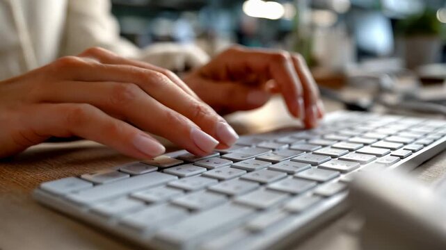 Close-up of a woman's hands typing on a modern white keyboard in a bright office, representing digital productivity and professional work &ndash; Generative AI