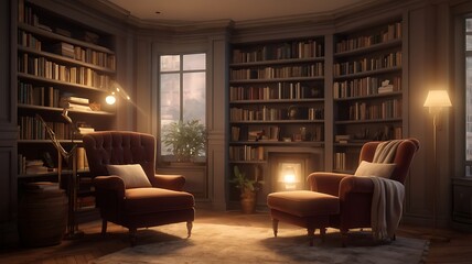 A cozy reading room with bookshelves armchairs and fireplace creating a warm atmosphere light setting