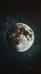 Naklejka premium Stunning view of a detailed moon illuminated against a backdrop of twinkling stars.