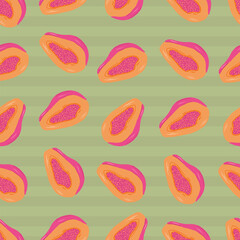 vector seamless hand drawn pattern with papaya fruit on stripe background
