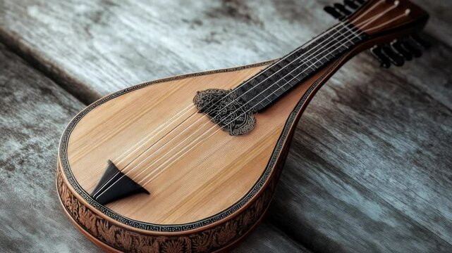 A mandolin sits on top of a wooden table, ready for playing