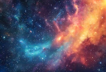 a vibrant cosmic panorama showcasing a stunning nebula divided into cool turquoise and warm amber hues amidst a dense field of distant stars.